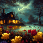 Vibrant tulip garden with cozy houses in mystical night scene