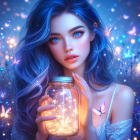 Digital illustration: Woman with blue wavy hair, glowing skin, holding a jar in magical, lum