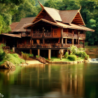 Traditional wooden riverside house in lush greenery with reflection on calm water