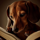 Brown Dachshund Reading Book with Big Eyes