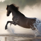 Dynamic motion blur background with powerful dark horse galloping through water