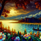 Serene sunset lake scene with boat and colorful nature