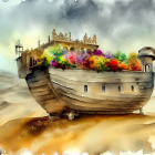 Vibrant watercolor illustration of whimsical boat with castle-like structures in misty landscape