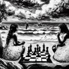 Monochromatic artwork: Two girls playing chess by the sea