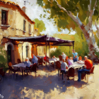 Outdoor café scene on cobblestone street with trees and sunlit buildings