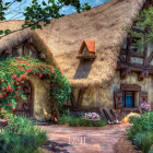 Thatched Roof Cottage Surrounded by Flowers and Greenery