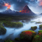 Moss-covered rocks in misty landscape with flowing stream and fiery clouds at dusk