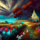 Colorful digital artwork: cottage, lake, flowers, autumn trees, dramatic twilight sky