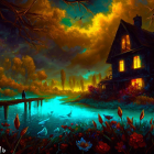 Tranquil nighttime river scene with cozy red house and starry sky