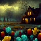 Cozy house surrounded by flowers at dusk with colorful sky