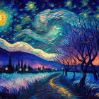 Starry night landscape with illuminated houses, boat, and swirling sky