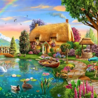 Tranquil landscape painting with river, flowers, trees, cottages, and stone path