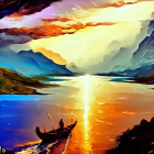 Scenic sunset painting of a lake with boats, forests, and mountains