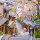 Traditional Japanese Temple Surrounded by Cherry Blossoms