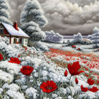 Digital artwork: Pastoral scene with red-roofed buildings, lush trees, fields, flowers,