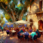 Outdoor Café Scene: People Dining in Town Square Under Trees