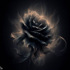 Digitally enhanced rose with black petals and golden edges on a dark background