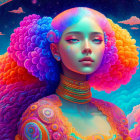 Colorful digital artwork: Woman with voluminous hair in cosmic setting