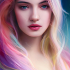 Serene woman portrait with colorful shapes and gemstone accents