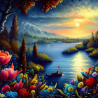 Tranquil lake sunset with blossoming flowers, boat, and distant mountains