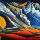 Colorful Painting of Stylized Landscape with House & Clouds