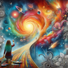 Artist painting vibrant cosmic scene with swirling galaxies and nebulas on canvas.