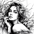 Dreamy Woman Among Leaves in Monochromatic Illustration