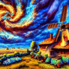 Colorful surreal landscape with windmill, solar panels, and vibrant sky