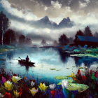 Serene lake painting with misty forest and colorful flora