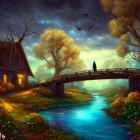 Tranquil night landscape with cottage, stream, person on bridge, starry sky, trees,