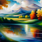 Colorful Landscape Painting: Reflective Lake, Rolling Hills, Autumn Trees