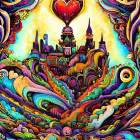 Fantasy castle illustration with heart motifs and swirl patterns