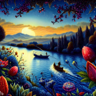 Colorful landscape with river, boats, foliage, flowers, sunset sky, stars