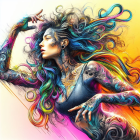 Colorful tattooed woman with vibrant hair and piercings illustration