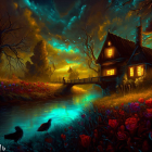 Surreal landscape with red house, starry sky, blooming tree, and wooden bridge