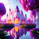 Fantasy castle with purple and pink hues in lush garden landscape