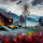 Scenic painting of cozy cabin by lake, mountains, twilight sky, and colorful roses