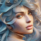 Detailed digital artwork: Woman with flowing blue hair & serene expression