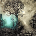 Monochrome illustration of eerie old-time village with cobblestone streets and leafless tree in misty