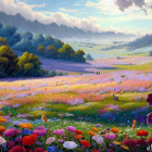 Colorful blooming flowers, trimmed trees, mountain backdrop at sunrise