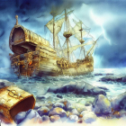 Vibrant watercolor artwork: Ship merged with turtle on stormy beach