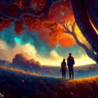 Couple admiring vibrant autumn tree in fantastical landscape