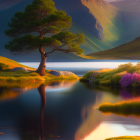 Tranquil landscape: lone tree, mirrored lake, vibrant flora, mountains, gentle sky