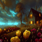 Cozy cottage surrounded by tulips under twilight sky