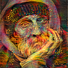 Vibrant abstract portrait of bearded man in hood with swirling patterns