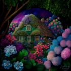 Thatched-Roof Cottage with Colorful Garden at Night