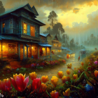 Traditional house with lights, rainy evening, vibrant tulips, people with umbrellas