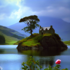 House on rocky outcrop by tranquil lake at twilight