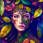 Colorful Autumn Leaves Adorn Serene Woman Illustration