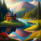 Scenic landscape: wooden cabin, blue lake, lush trees, flowers, mountains